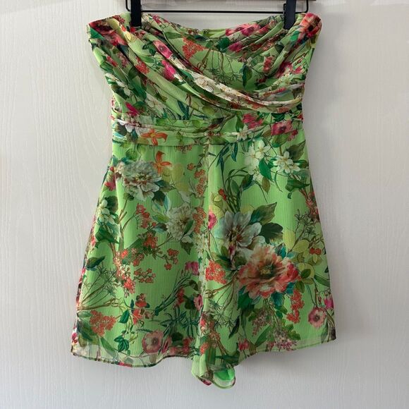 Jay Godfrey Lydia Romper Strapless Green Chiffon Floral Mini Resort US 6 Small - Picture 2 of 10